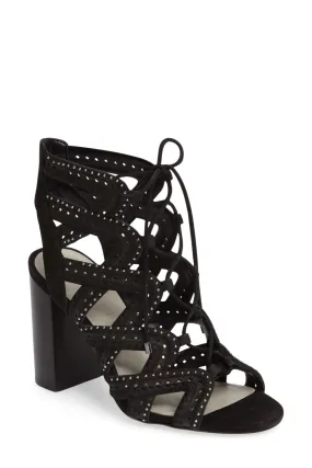 1.State Kayley Black Suede Caged Studded Block Heel Sandal