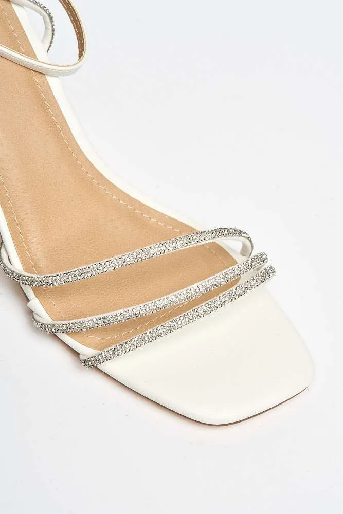 Alyanna Diamante Embellished Metallic Trim Block Heel Sandals in White Matt