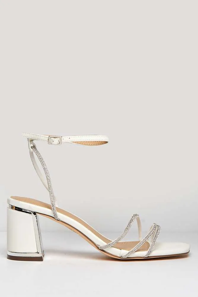 Alyanna Diamante Embellished Metallic Trim Block Heel Sandals in White Matt