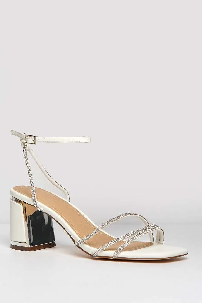 Alyanna Diamante Embellished Metallic Trim Block Heel Sandals in White Matt