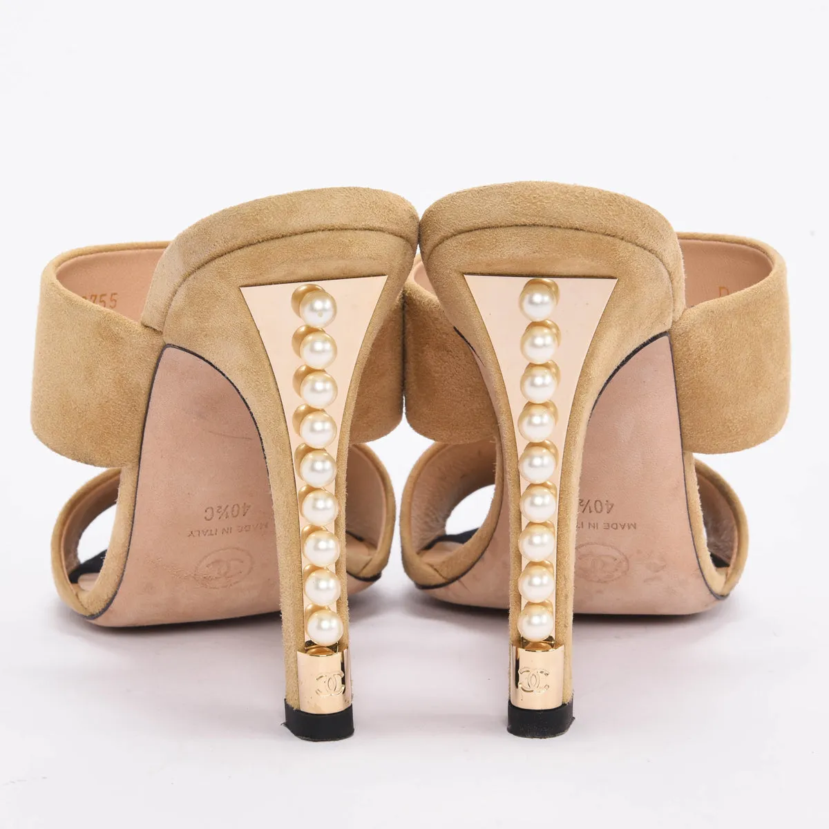 Chanel Beige Goatskin Suede Pearl Heel Sandals 40.5