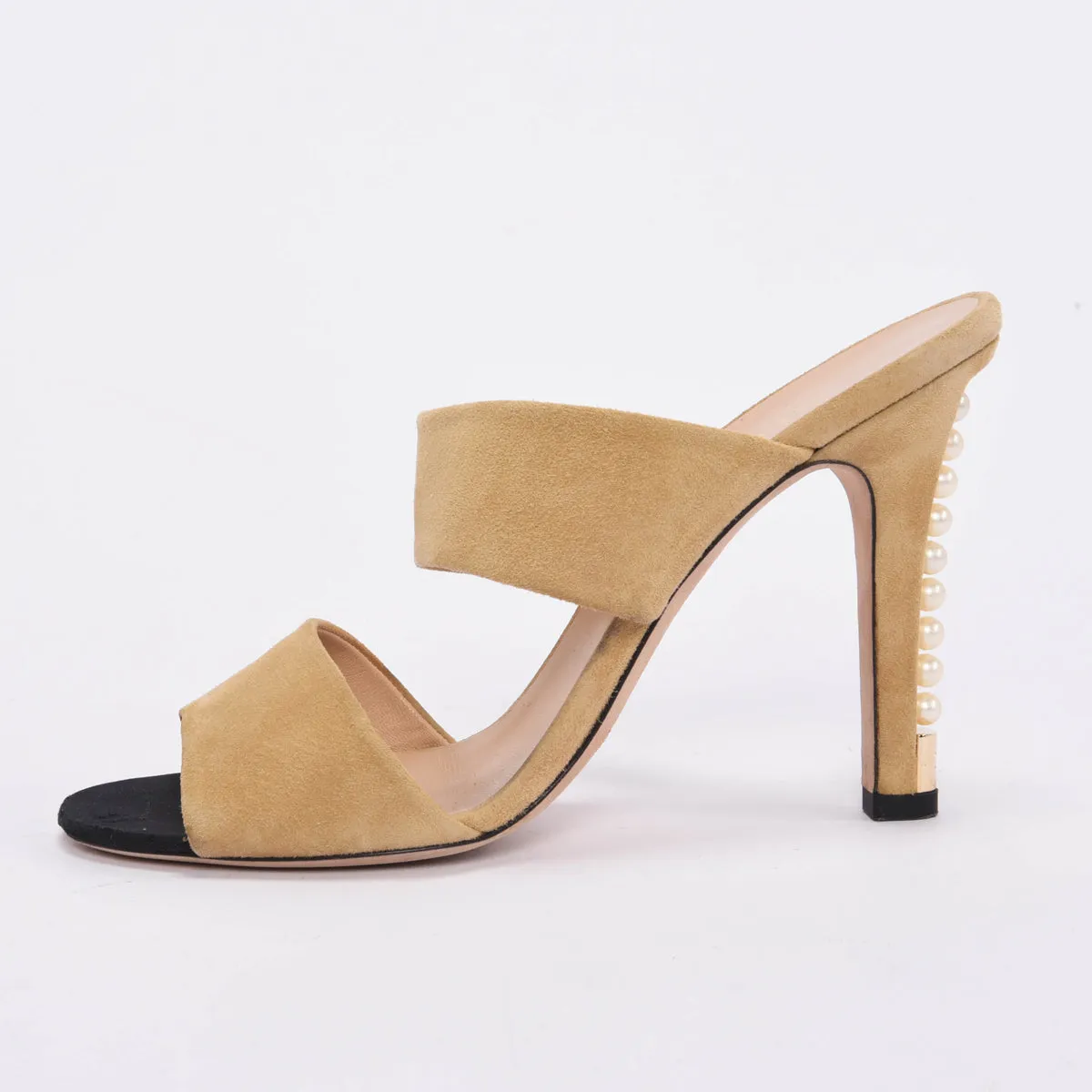 Chanel Beige Goatskin Suede Pearl Heel Sandals 40.5