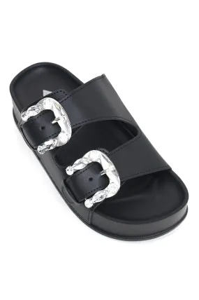 CHIC BUCKLE SUMMER SLIDES-BLACK