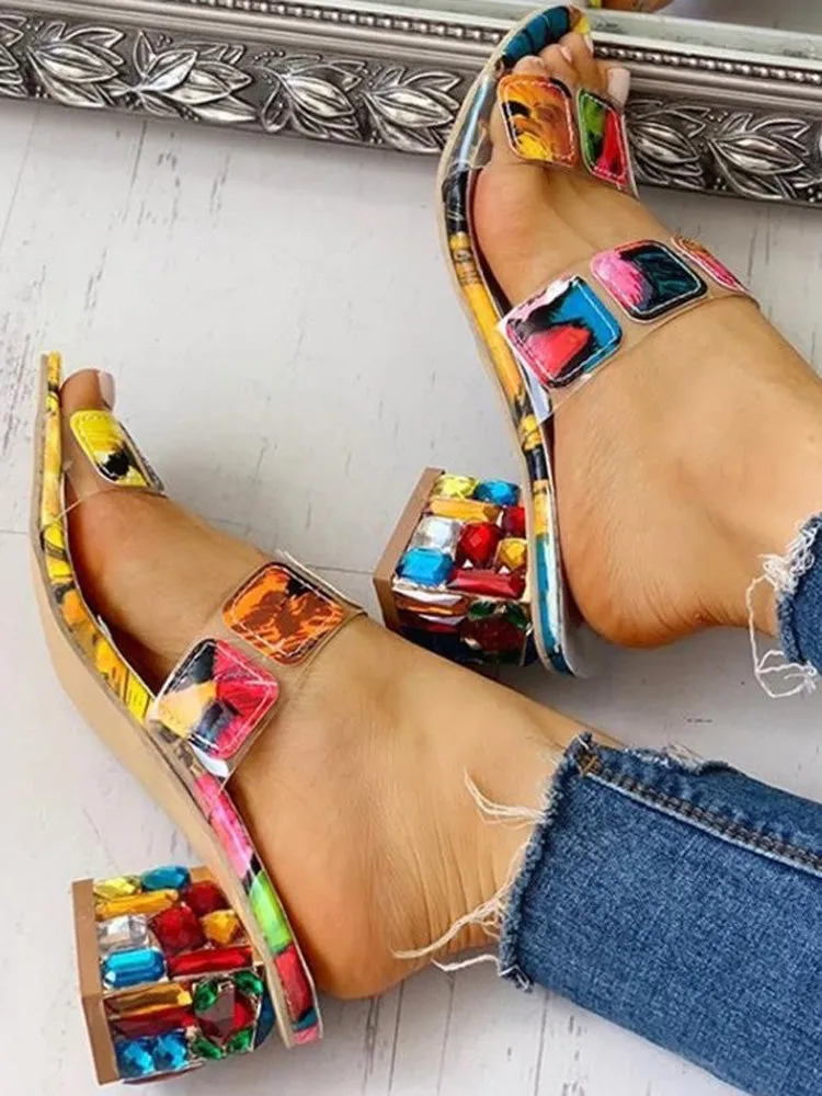 Colorful Rhinestone Geo Deco Sandals