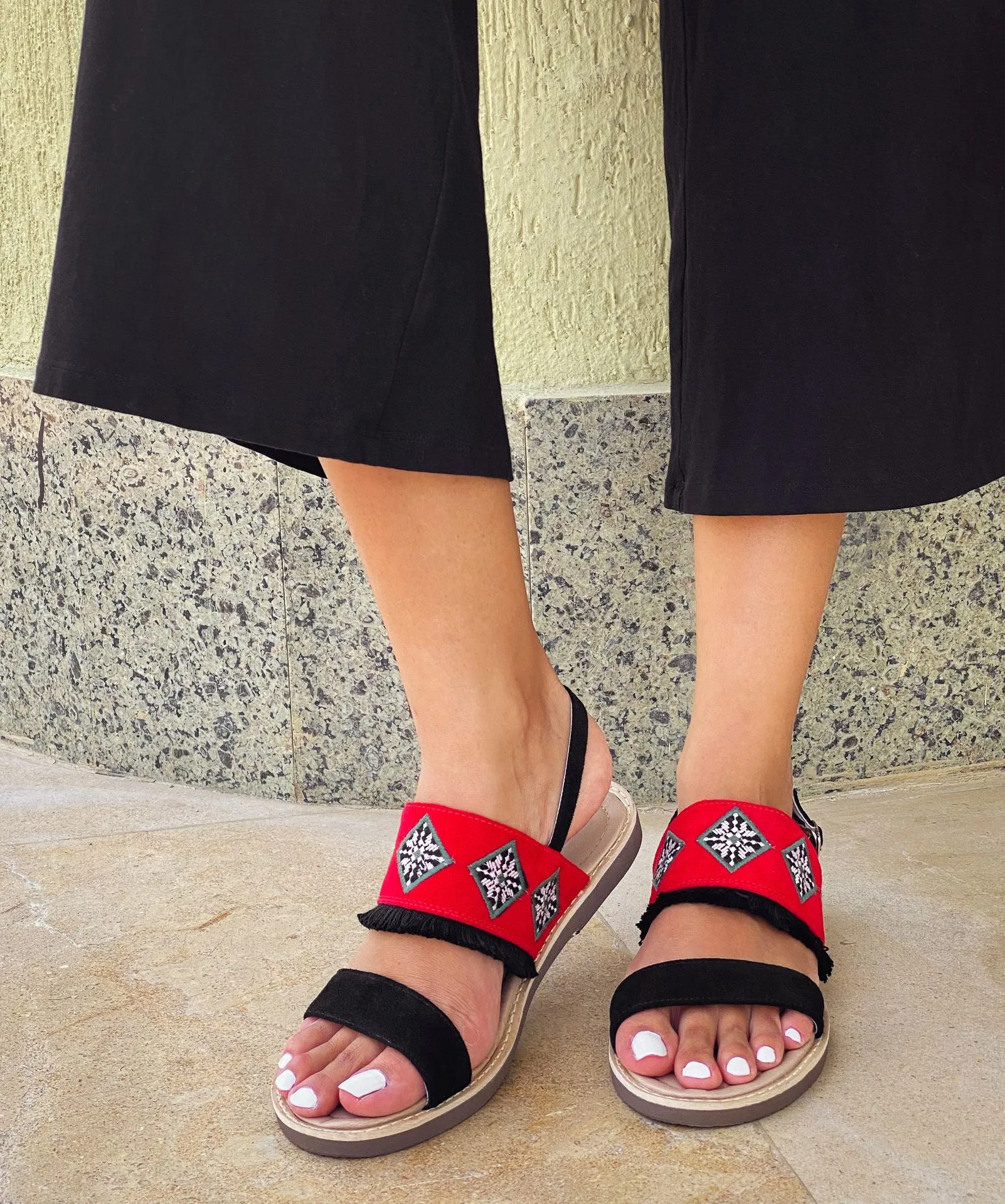 Embroidered Boho Sandals Fiery Red