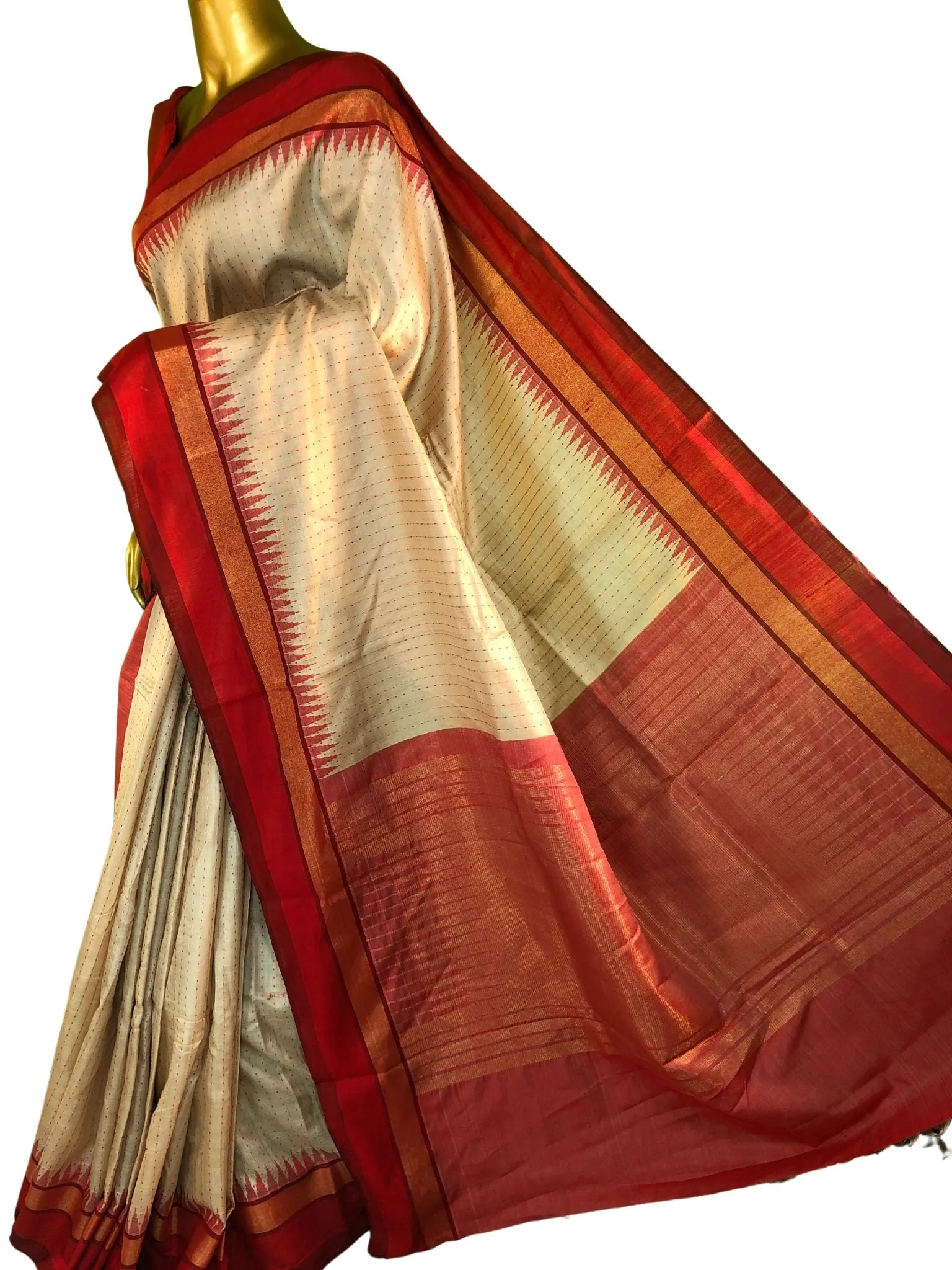 Elegant Golden Sandal Tussar Silk Saree with Kantha Stitch and Zari Weave