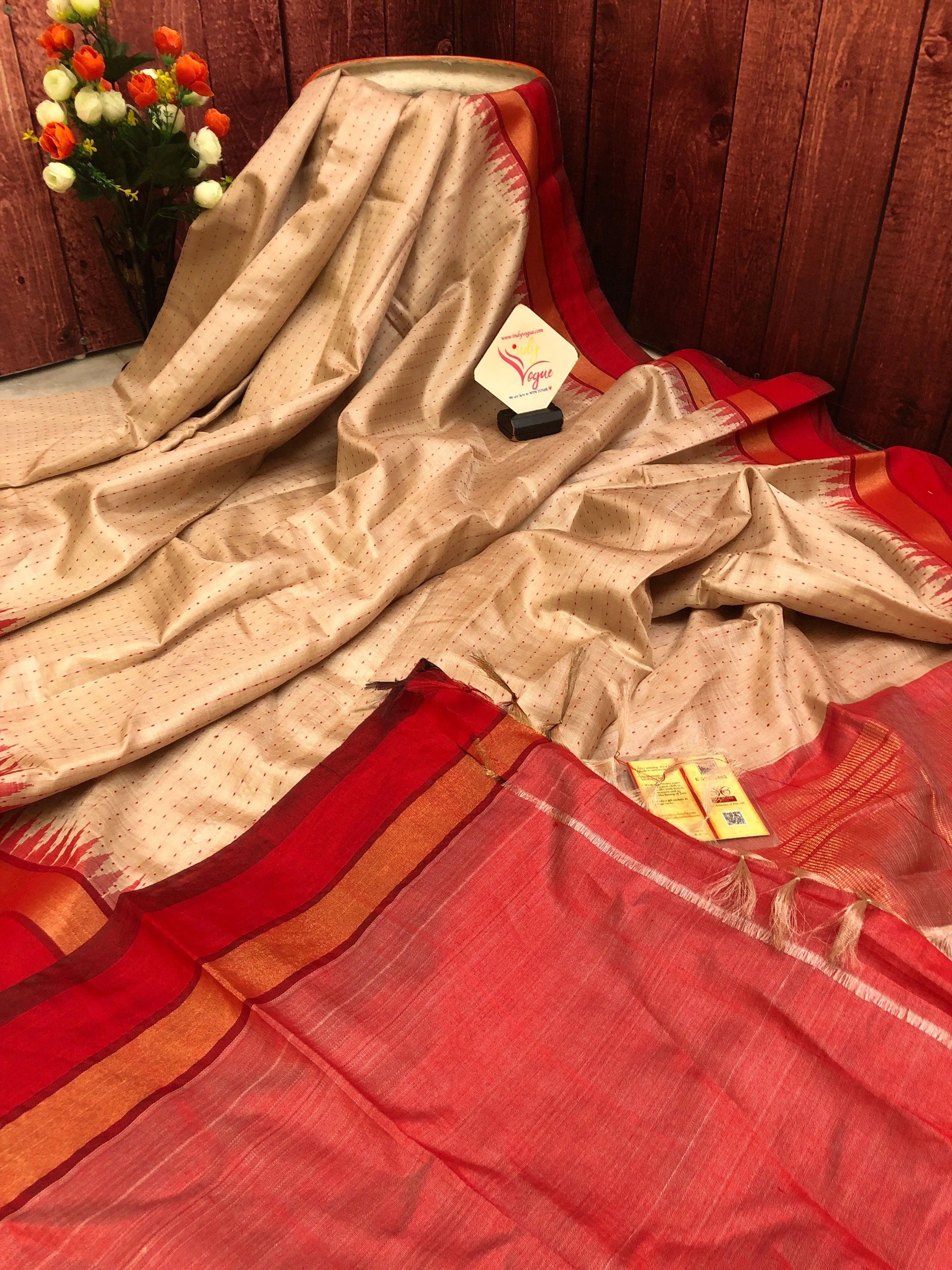 Elegant Golden Sandal Tussar Silk Saree with Kantha Stitch and Zari Weave