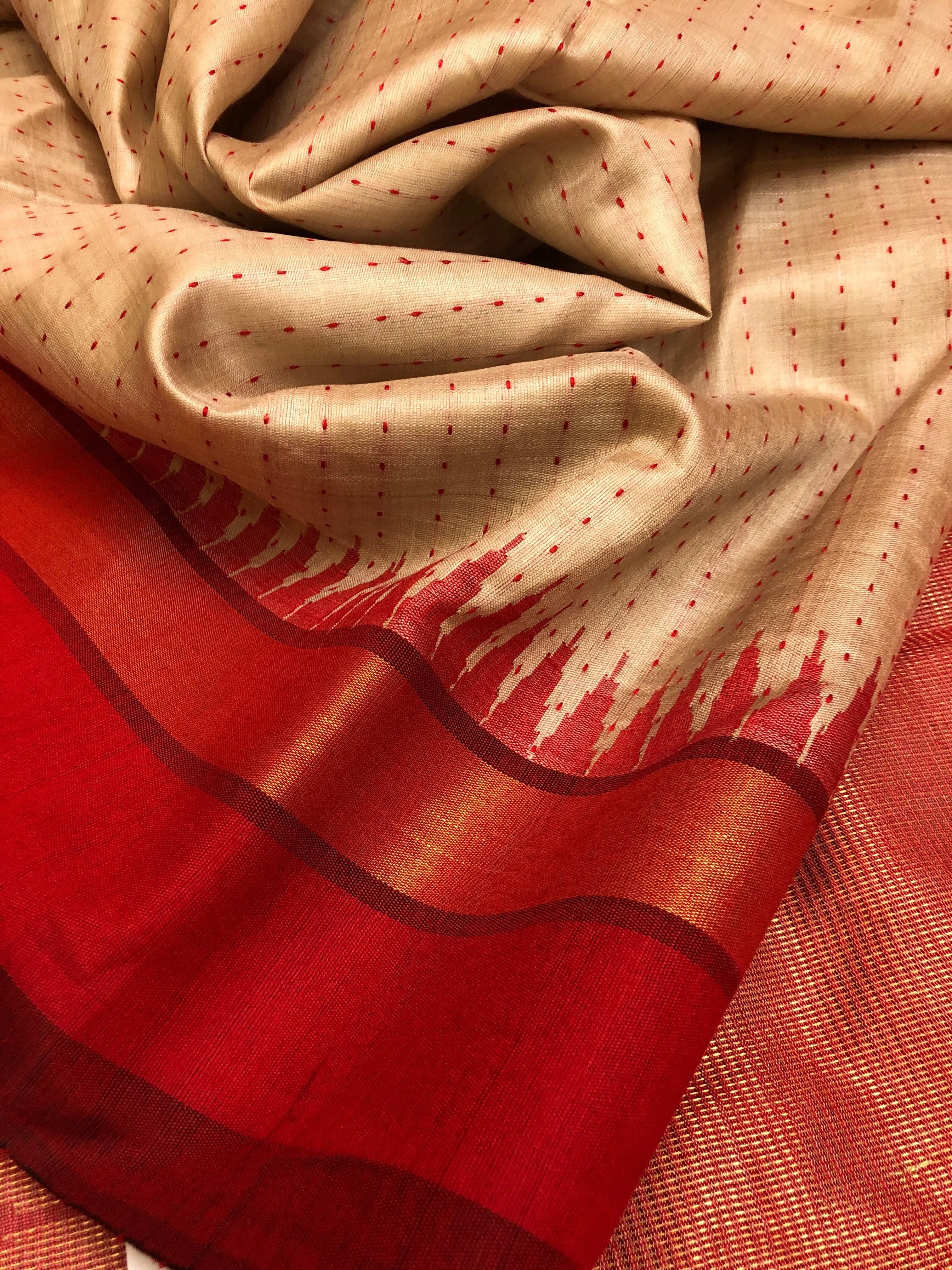 Elegant Golden Sandal Tussar Silk Saree with Kantha Stitch and Zari Weave