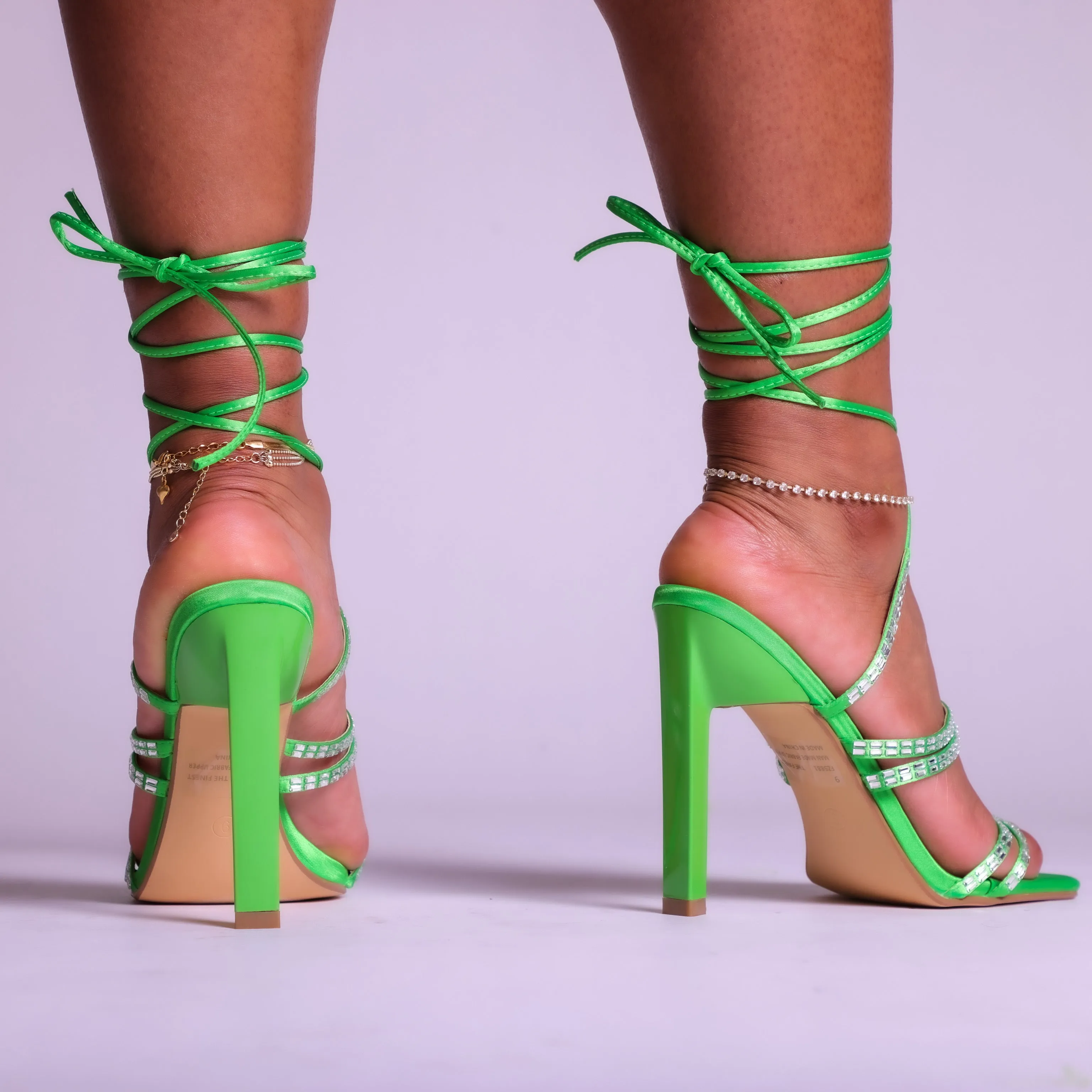 Green Crystal Lace Up Heel Sandals