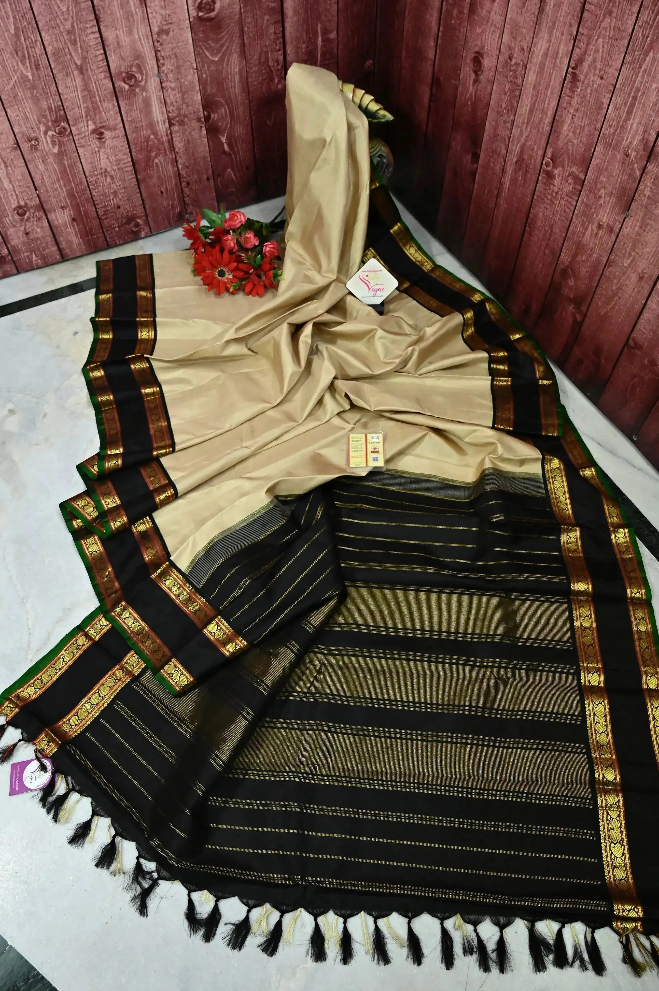 Light Sandal and Black Korvai Kanjeevaram Silk Saree with Gap Border