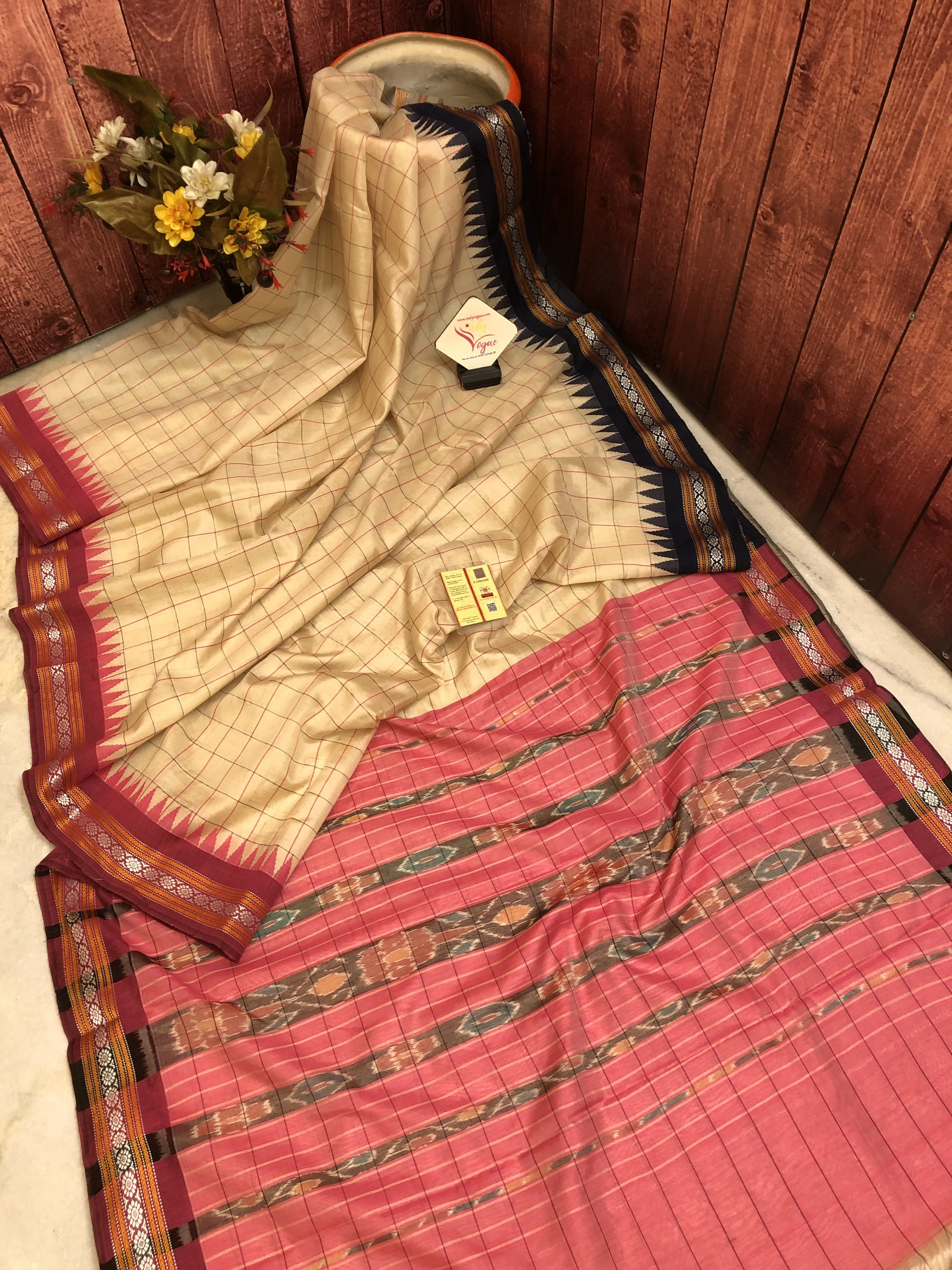 Light Sandal Color Pure Tussar Silk Saree with Vidarbha Ganga Jamuna Border