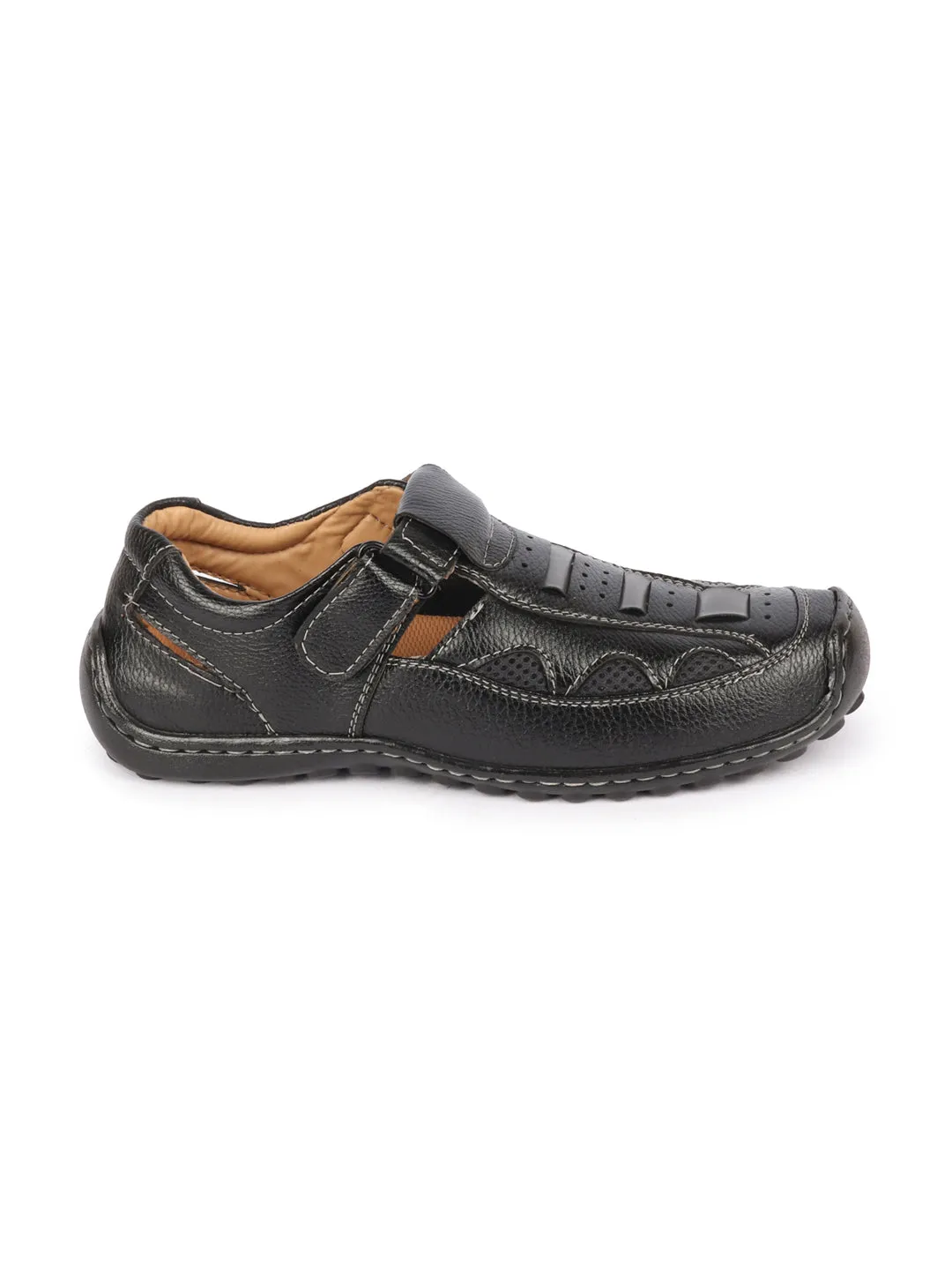 Men Black Genuine Leather Breathable Comfort PU Pad Insole Hook and Loop Roman Sandals