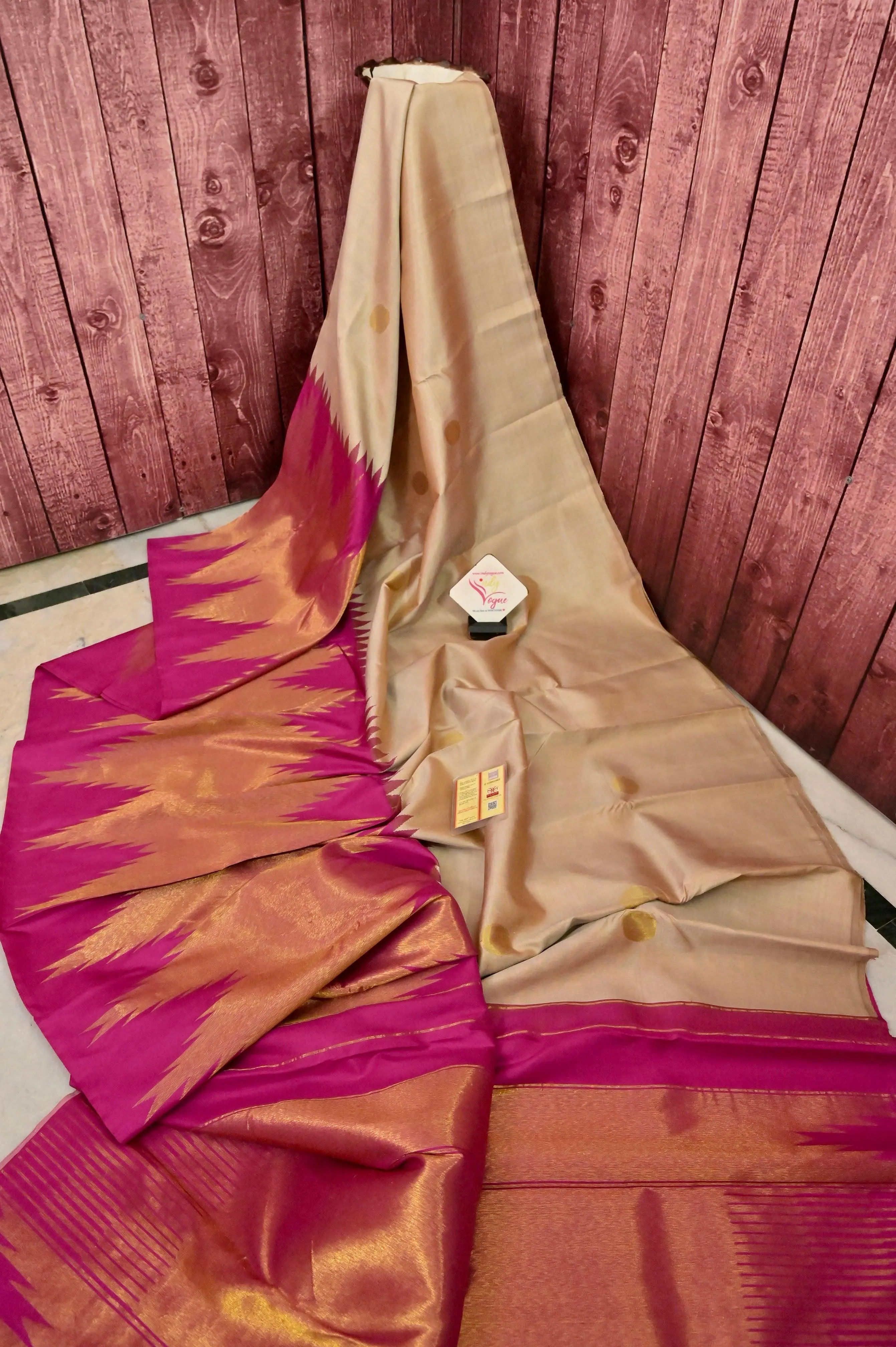 Pink and Light Sandal Color Kanjeevaram Silk Saree with Doubel Side Korvai and Putta Handloom Work