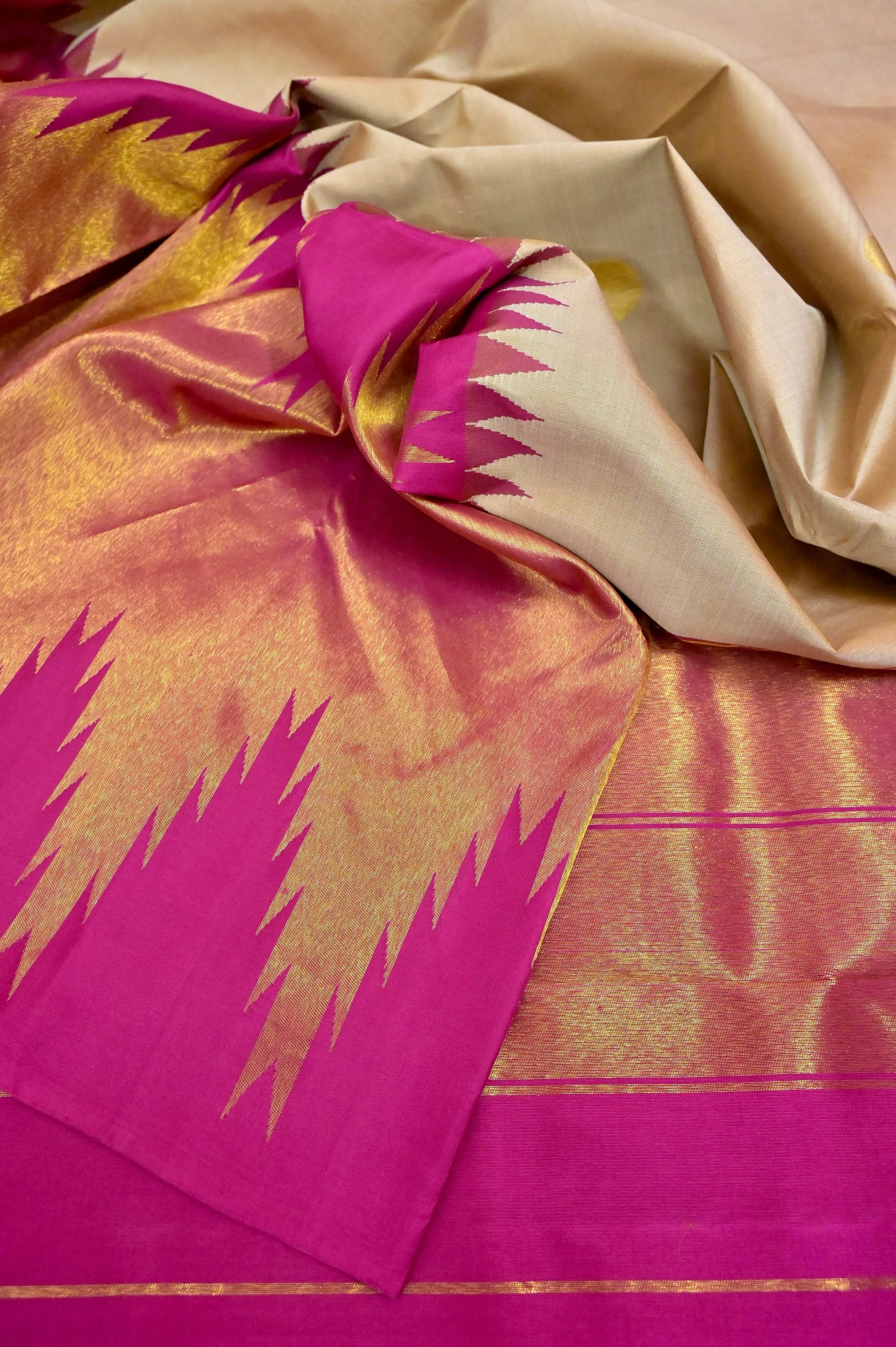 Pink and Light Sandal Color Kanjeevaram Silk Saree with Doubel Side Korvai and Putta Handloom Work