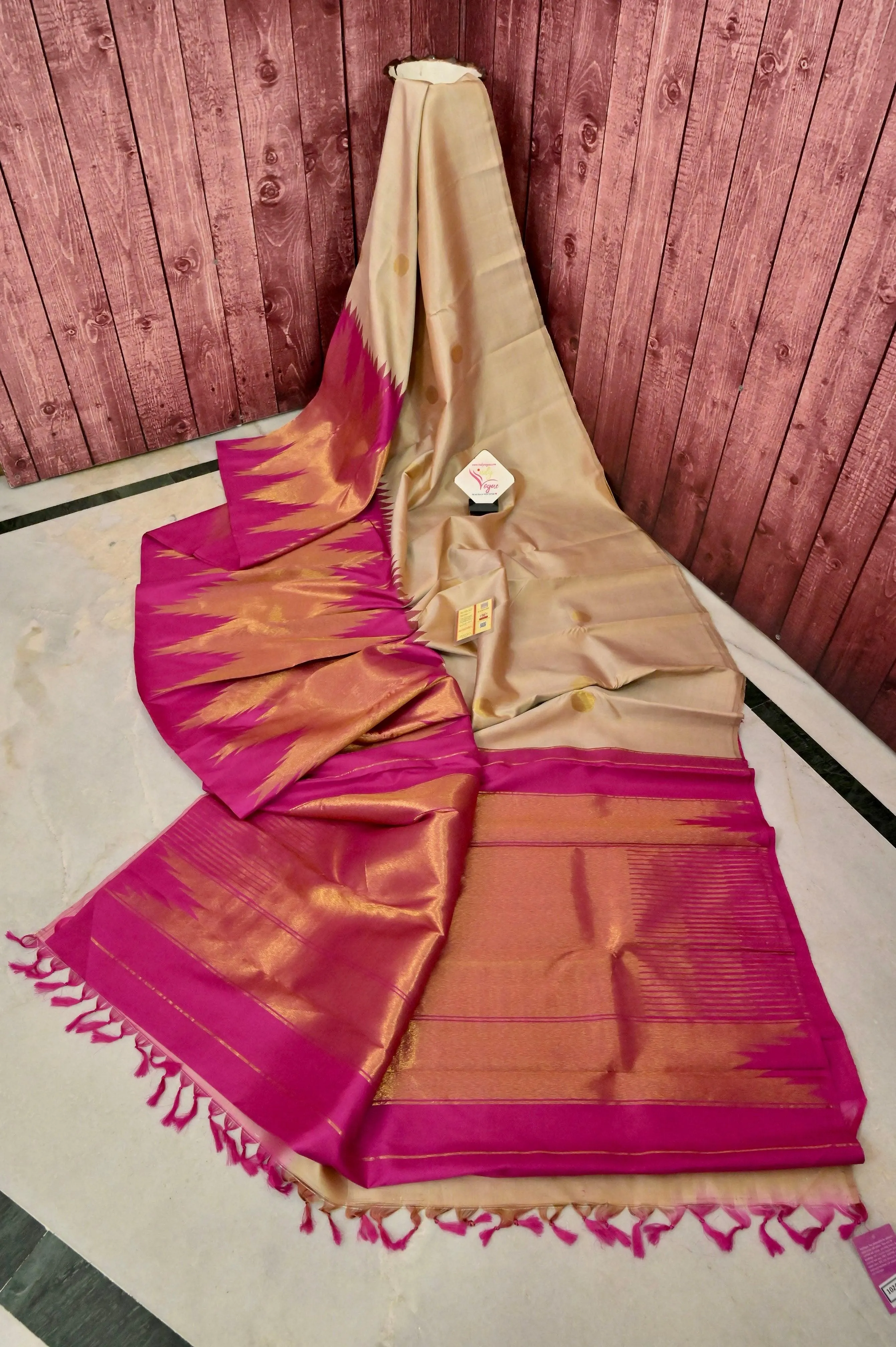 Pink and Light Sandal Color Kanjeevaram Silk Saree with Doubel Side Korvai and Putta Handloom Work