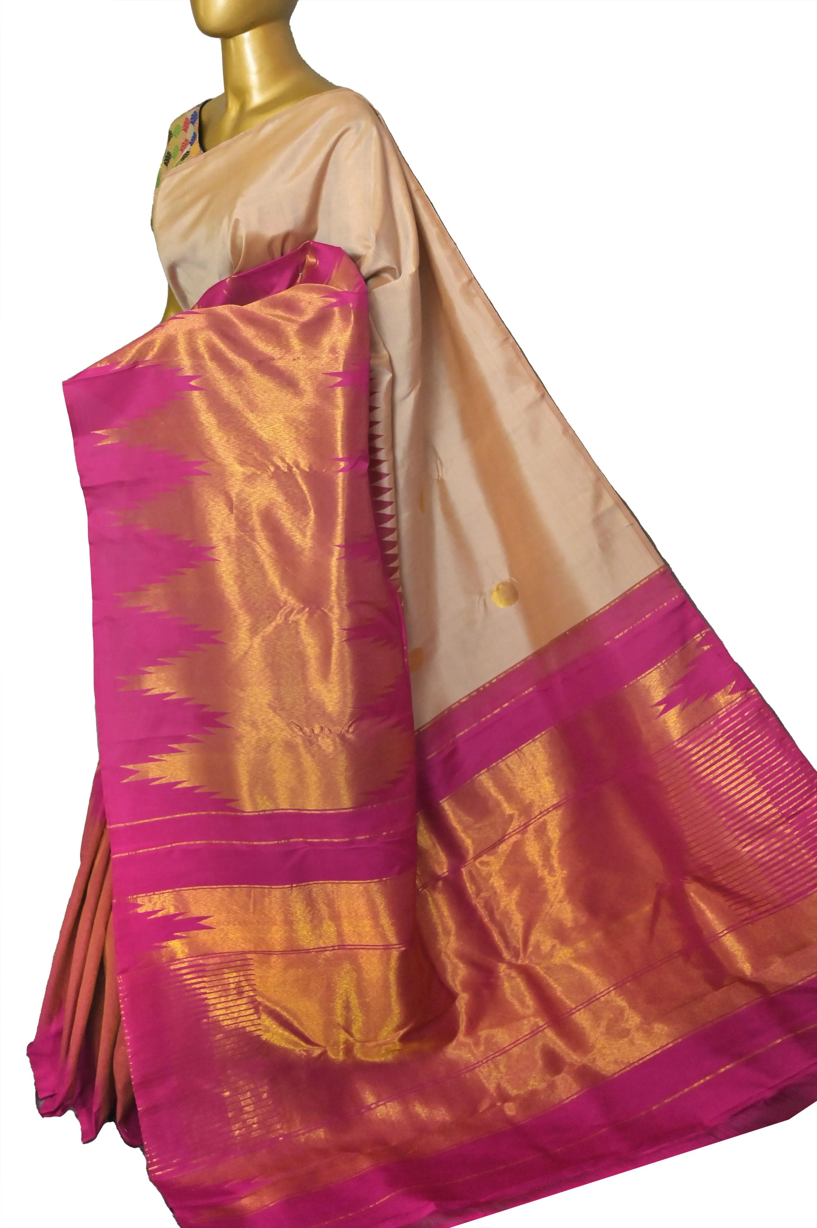 Pink and Light Sandal Color Kanjeevaram Silk Saree with Doubel Side Korvai and Putta Handloom Work