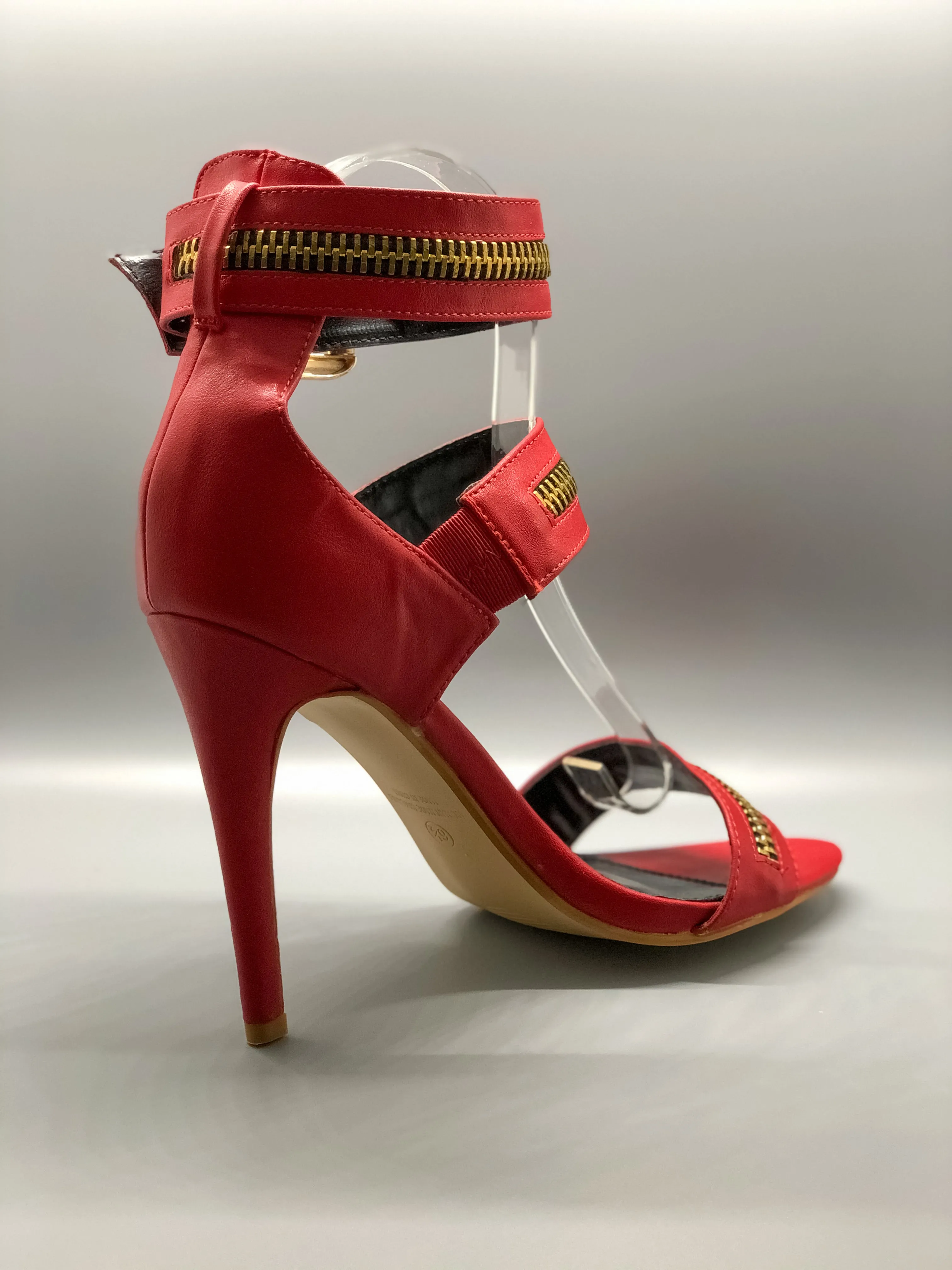 Red Zipper Embellished Strappy Single Sole Heels