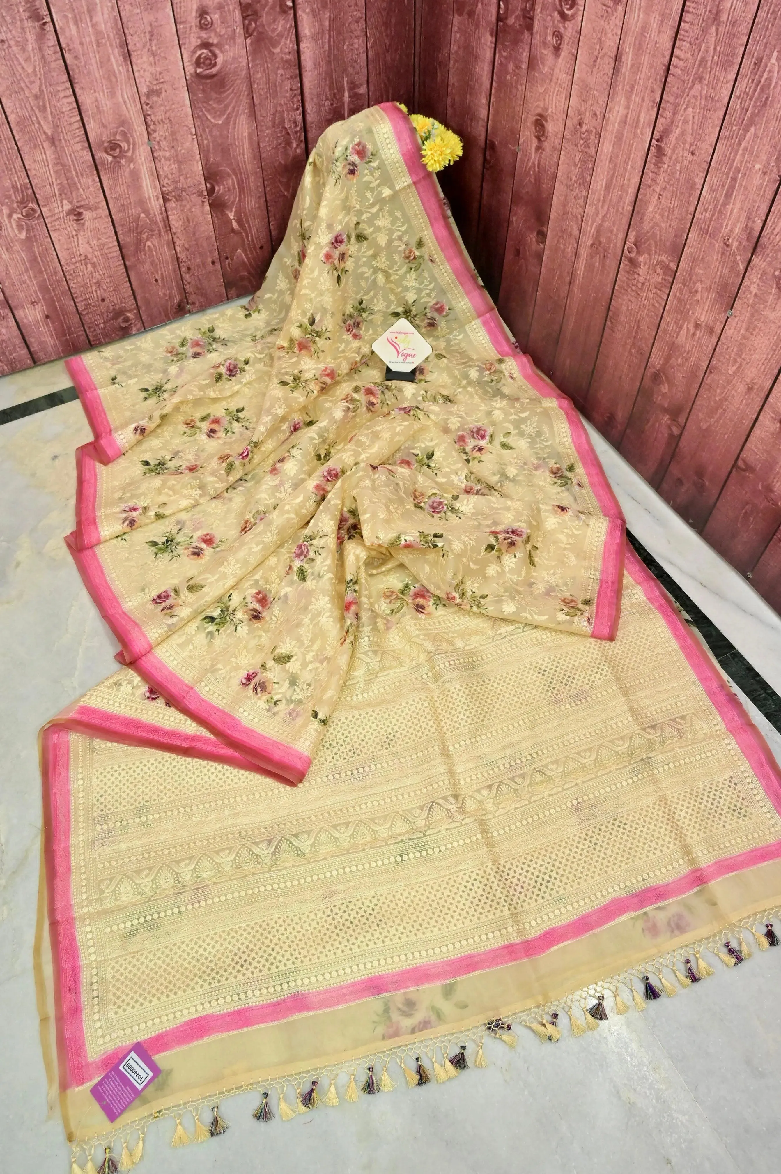 Sandal and Pink Color Organza Saree with Digital Print and Chikankari Embroidery