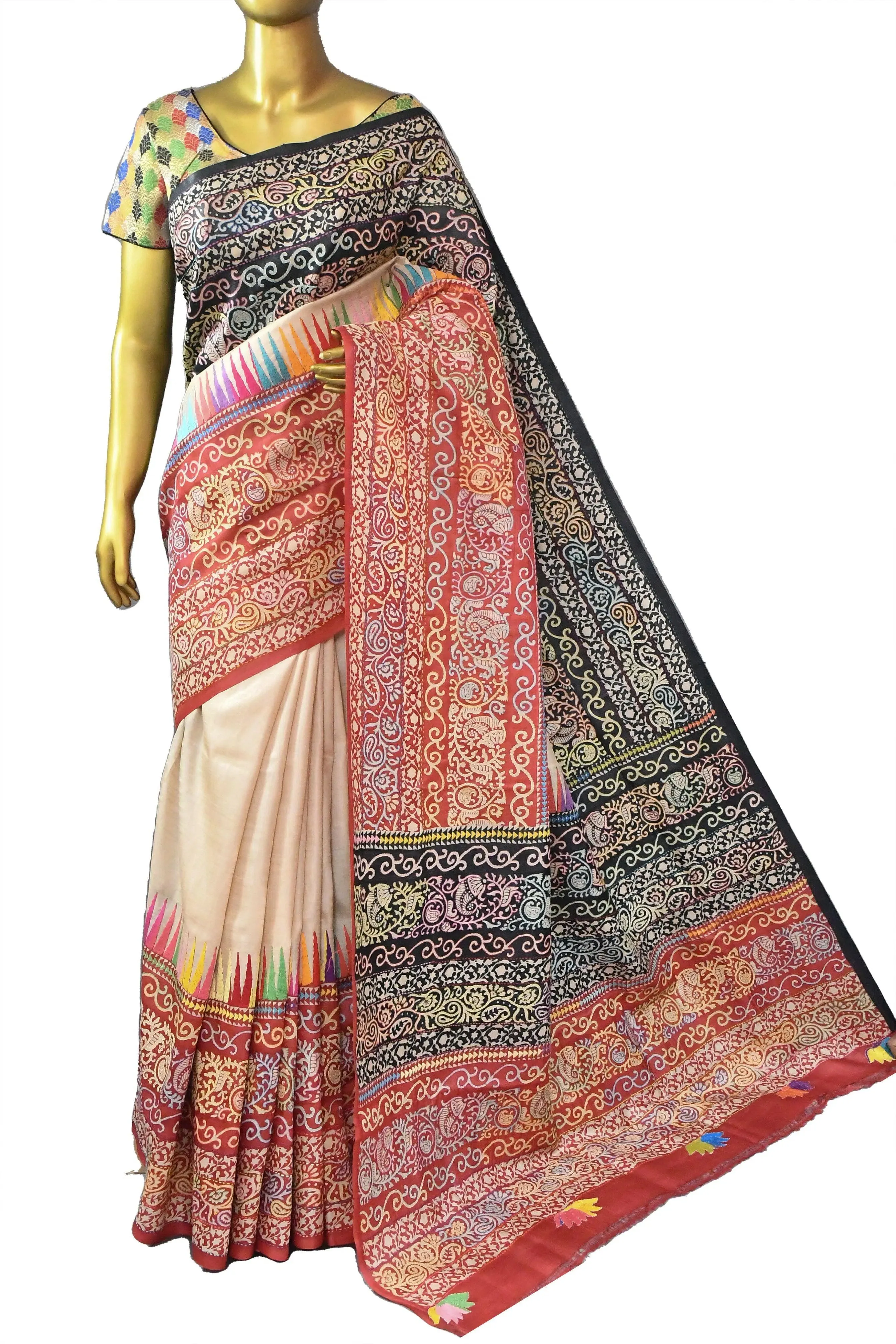 Sandal Color Tussar Silk Saree with Hand Block and Hand Kantha Stitch Work and Ganga Jamuna Border