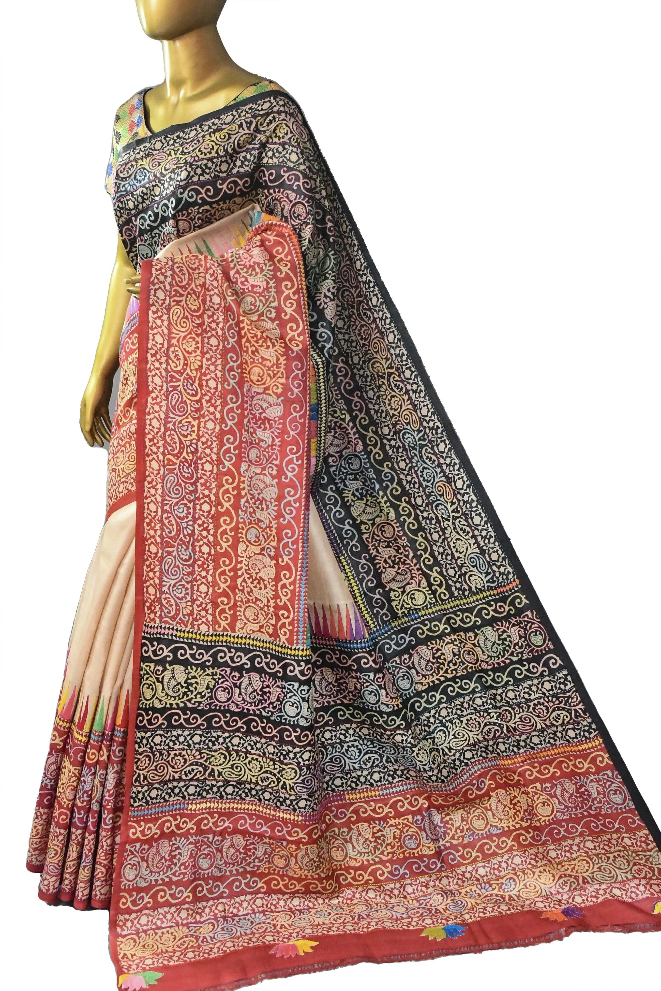 Sandal Color Tussar Silk Saree with Hand Block and Hand Kantha Stitch Work and Ganga Jamuna Border