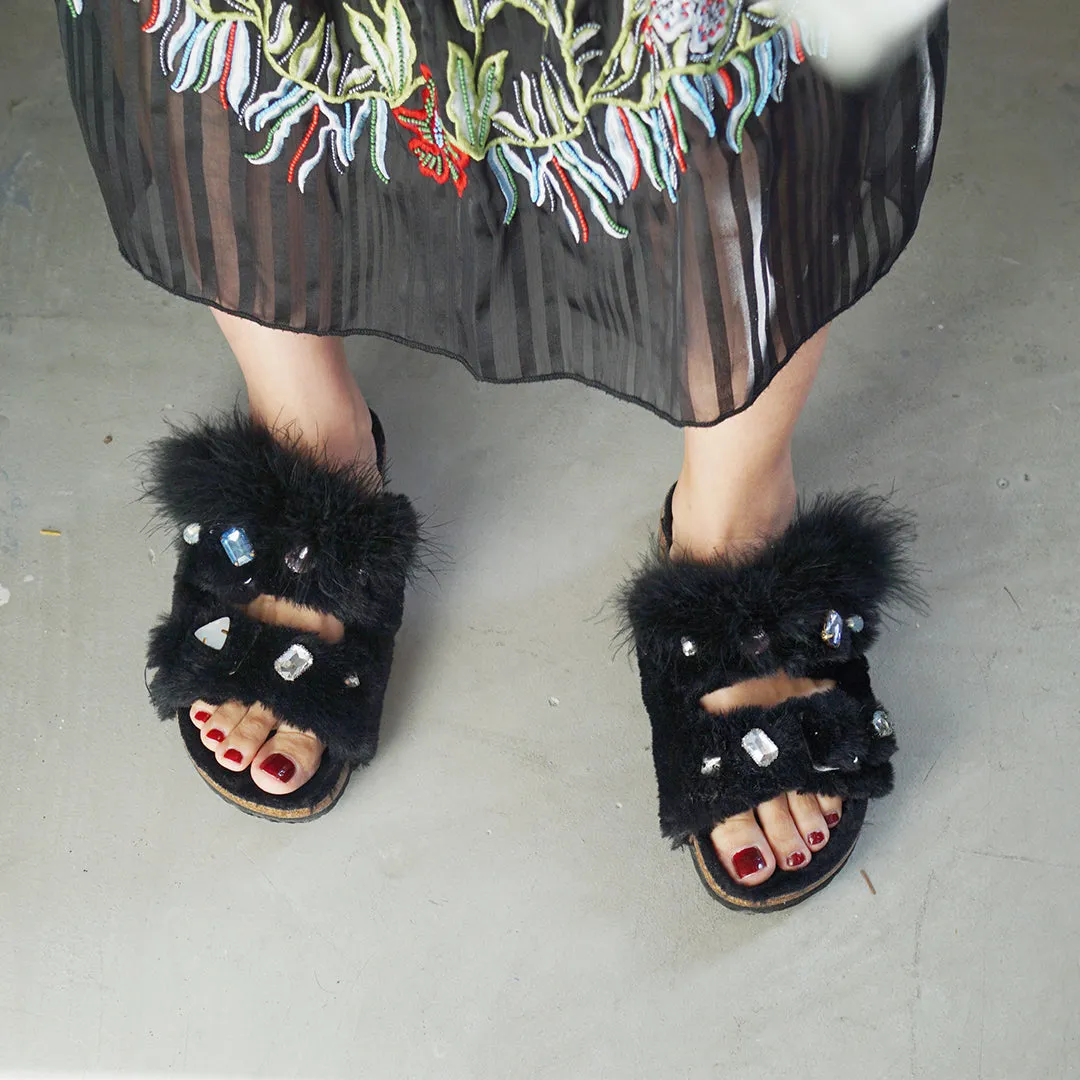 Shearling Fur Slide with feather and rhinestones - Black Flat Sandals