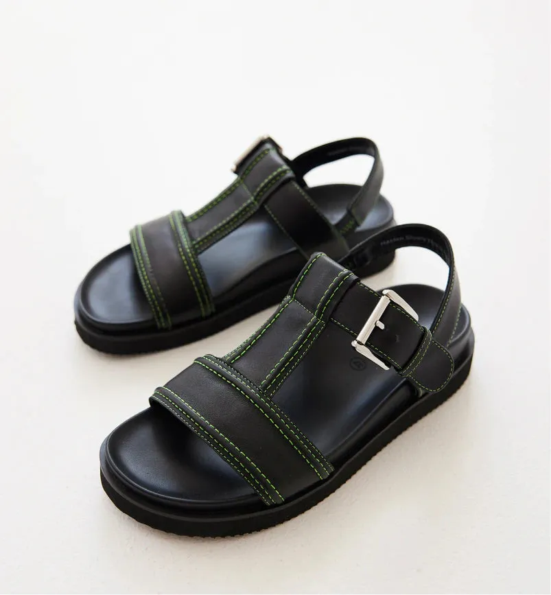 Visby T-Bar Sandal | Black leather with Green Topstitch