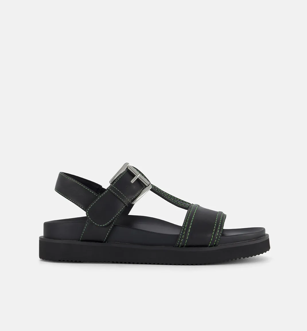 Visby T-Bar Sandal | Black leather with Green Topstitch